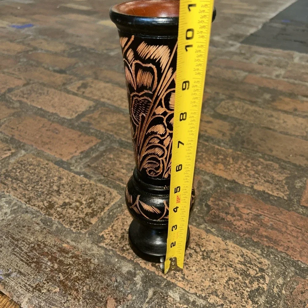 Floral Boho Vintage Tall Hand Carved Solid Red Tint Wood Vase Pedestal‎ 10